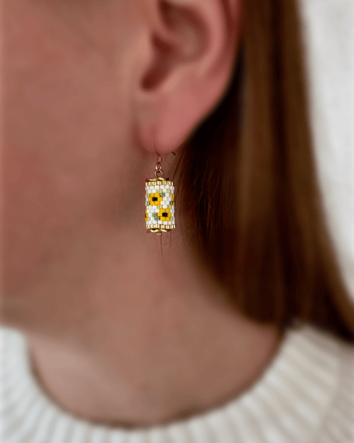 Beaded floral earrings crafted in peyote stitch technique from Japanese Miyuki beads in a color palette inspired by sunflowers - Fleur Du Jour