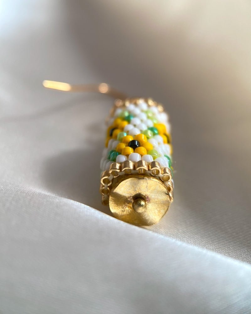 Beaded floral earrings crafted in peyote stitch technique from Japanese Miyuki beads in a color palette inspired by sunflowers - Fleur Du Jour