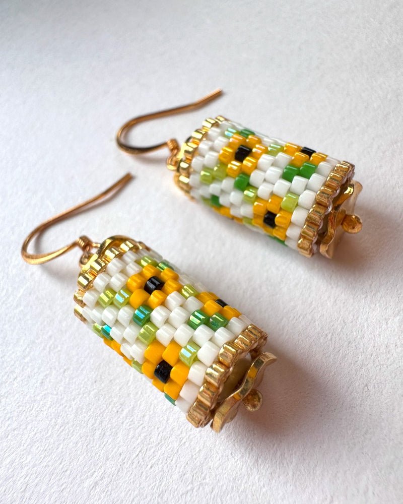Beaded floral earrings crafted in peyote stitch technique from Japanese Miyuki beads in a color palette inspired by sunflowers - Fleur Du Jour