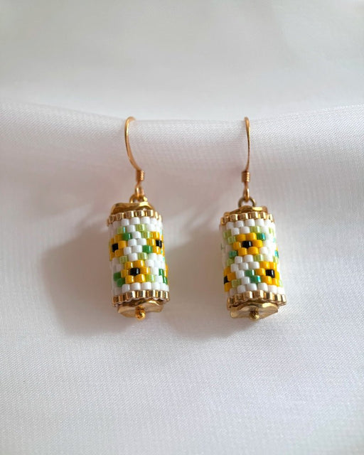 Beaded floral earrings crafted in peyote stitch technique from Japanese Miyuki beads in a color palette inspired by sunflowers - Fleur Du Jour