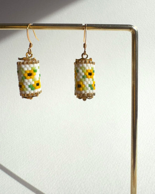 Beaded floral earrings crafted in peyote stitch technique from Japanese Miyuki beads in a color palette inspired by sunflowers - Fleur Du Jour