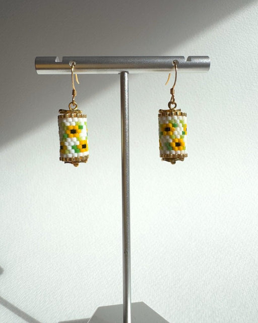 Beaded floral earrings crafted in peyote stitch technique from Japanese Miyuki beads in a color palette inspired by sunflowers - Fleur Du Jour