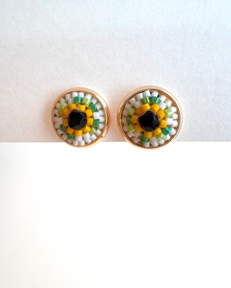 Round stud earrings with beaded inlay crafted in peyote stitch technique from Japanese Miyuki beads and crystal in a color palette inspired by sunflowers - Fleur Du Jour