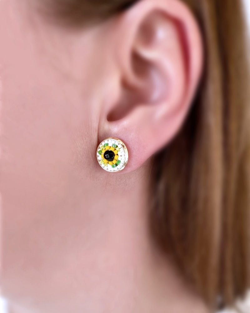 Round stud earrings with beaded inlay crafted in peyote stitch technique from Japanese Miyuki beads and crystal in a color palette inspired by sunflowers - Fleur Du Jour