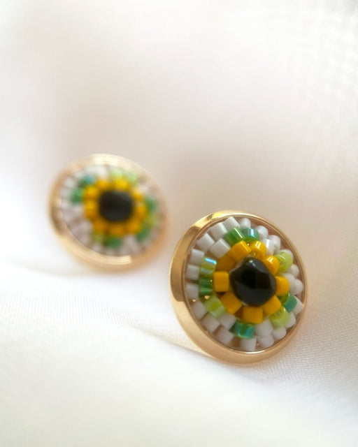 Round stud earrings with beaded inlay crafted in peyote stitch technique from Japanese Miyuki beads and crystal in a color palette inspired by sunflowers - Fleur Du Jour
