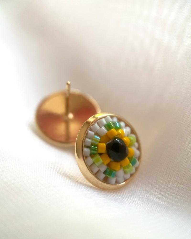 Round stud earrings with beaded inlay crafted in peyote stitch technique from Japanese Miyuki beads and crystal in a color palette inspired by sunflowers - Fleur Du Jour