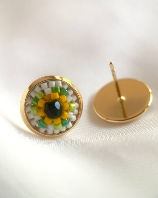 Round stud earrings with beaded inlay crafted in peyote stitch technique from Japanese Miyuki beads and crystal in a color palette inspired by sunflowers - Fleur Du Jour