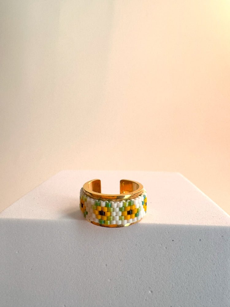 Adjustable floral gold-plated ring with beaded inlay featuring beaded floral motif inspired by sunflowers created in peyote stitch technique from Japanese Miyuki Delica beads - Fleur Du Jour