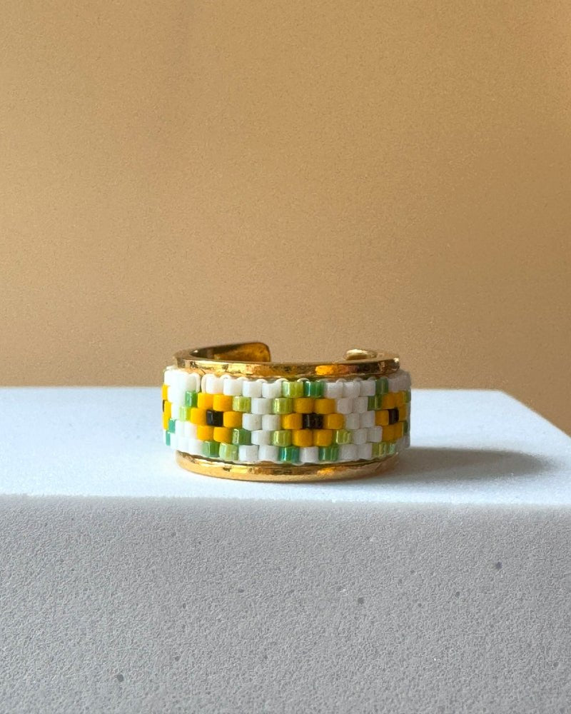 Adjustable floral gold-plated ring with beaded inlay featuring beaded floral motif inspired by sunflowers created in peyote stitch technique from Japanese Miyuki Delica beads - Fleur Du Jour