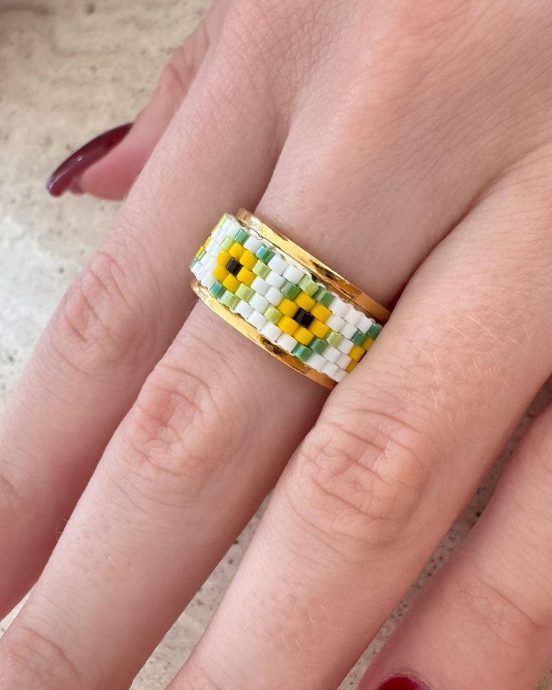 Adjustable floral gold-plated ring with beaded inlay featuring beaded floral motif inspired by sunflowers created in peyote stitch technique from Japanese Miyuki Delica beads - Fleur Du Jour