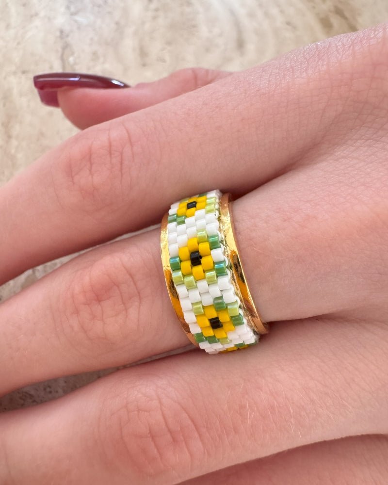 Adjustable floral gold-plated ring with beaded inlay featuring beaded floral motif inspired by sunflowers created in peyote stitch technique from Japanese Miyuki Delica beads - Fleur Du Jour