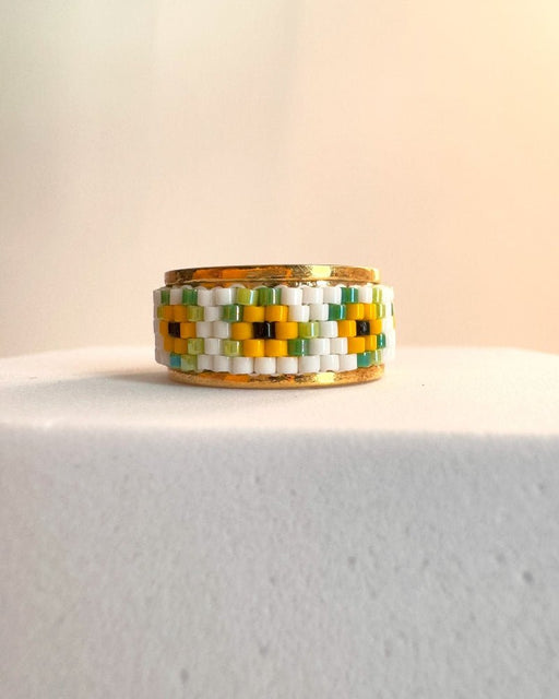 Adjustable floral gold-plated ring with beaded inlay featuring beaded floral motif inspired by sunflowers created in peyote stitch technique from Japanese Miyuki Delica beads - Fleur Du Jour
