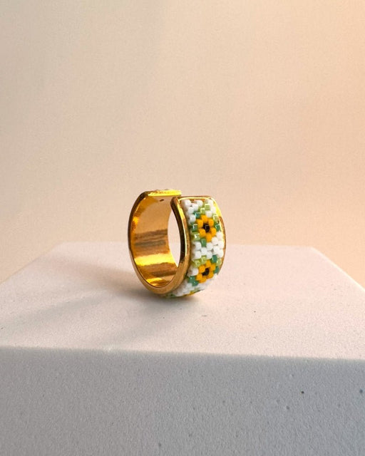 Adjustable floral gold-plated ring with beaded inlay featuring beaded floral motif inspired by sunflowers created in peyote stitch technique from Japanese Miyuki Delica beads - Fleur Du Jour