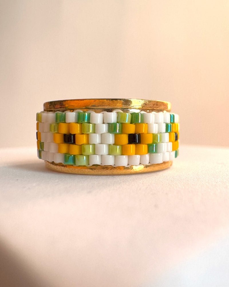 Adjustable floral gold-plated ring with beaded inlay featuring beaded floral motif inspired by sunflowers created in peyote stitch technique from Japanese Miyuki Delica beads - Fleur Du Jour