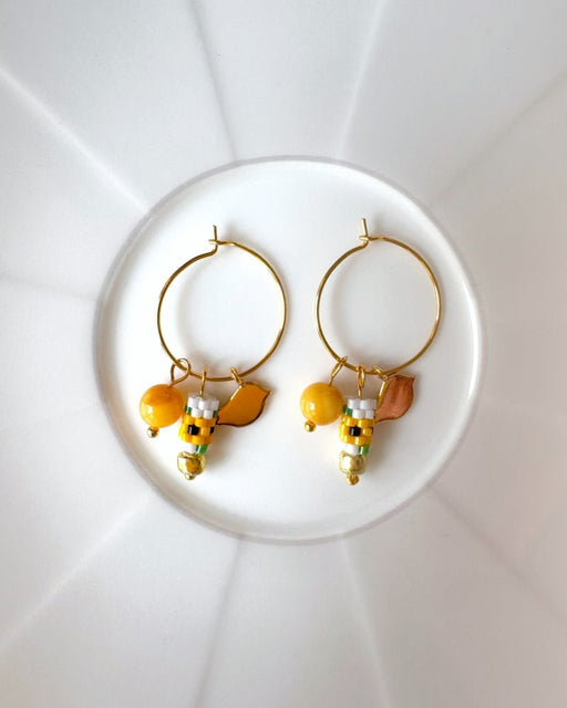 Customizable sunflower hoop earrings with 3 interchangeable charms -  beaded, bird, and stone - to create new look every day - Fleur Du Jour