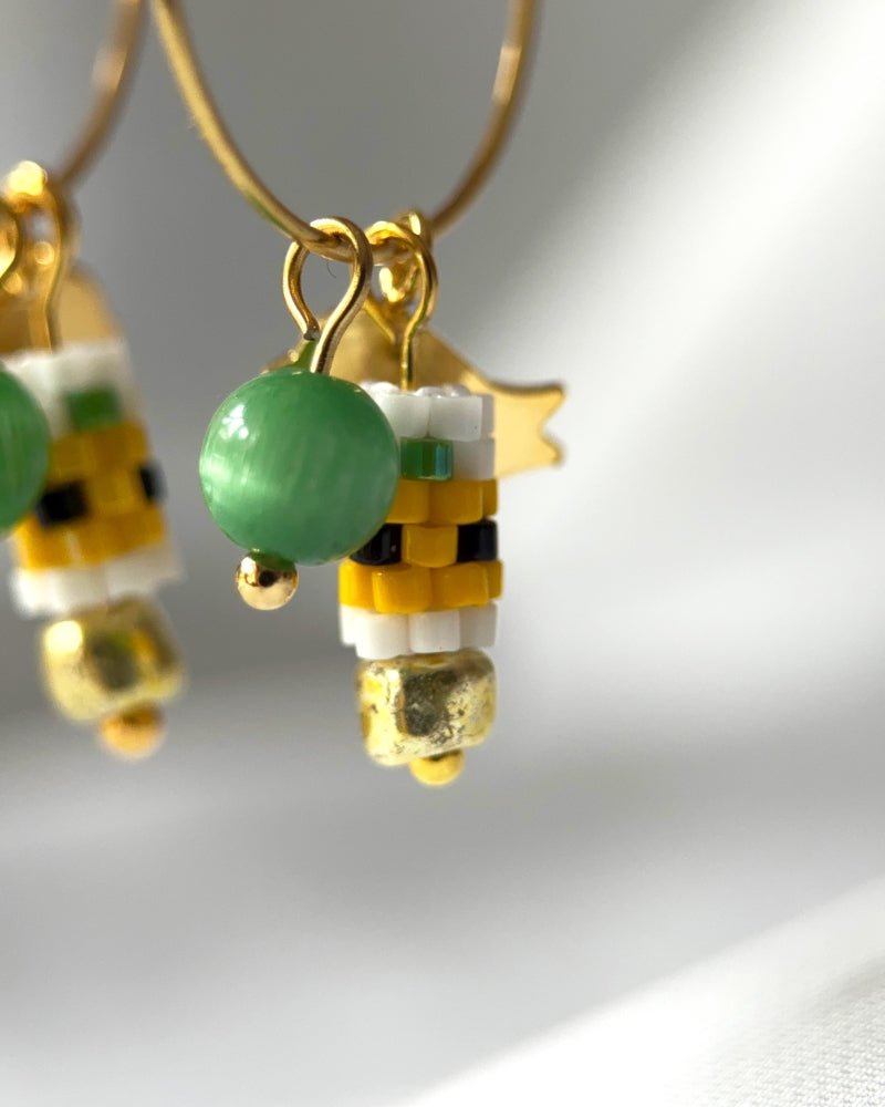 Customizable sunflower hoop earrings with 3 interchangeable charms -  beaded, bird, and stone - to create new look every day - Fleur Du Jour