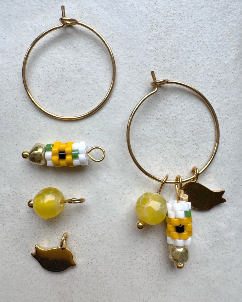 Customizable sunflower hoop earrings with 3 interchangeable charms -  beaded, bird, and stone - to create new look every day - Fleur Du Jour