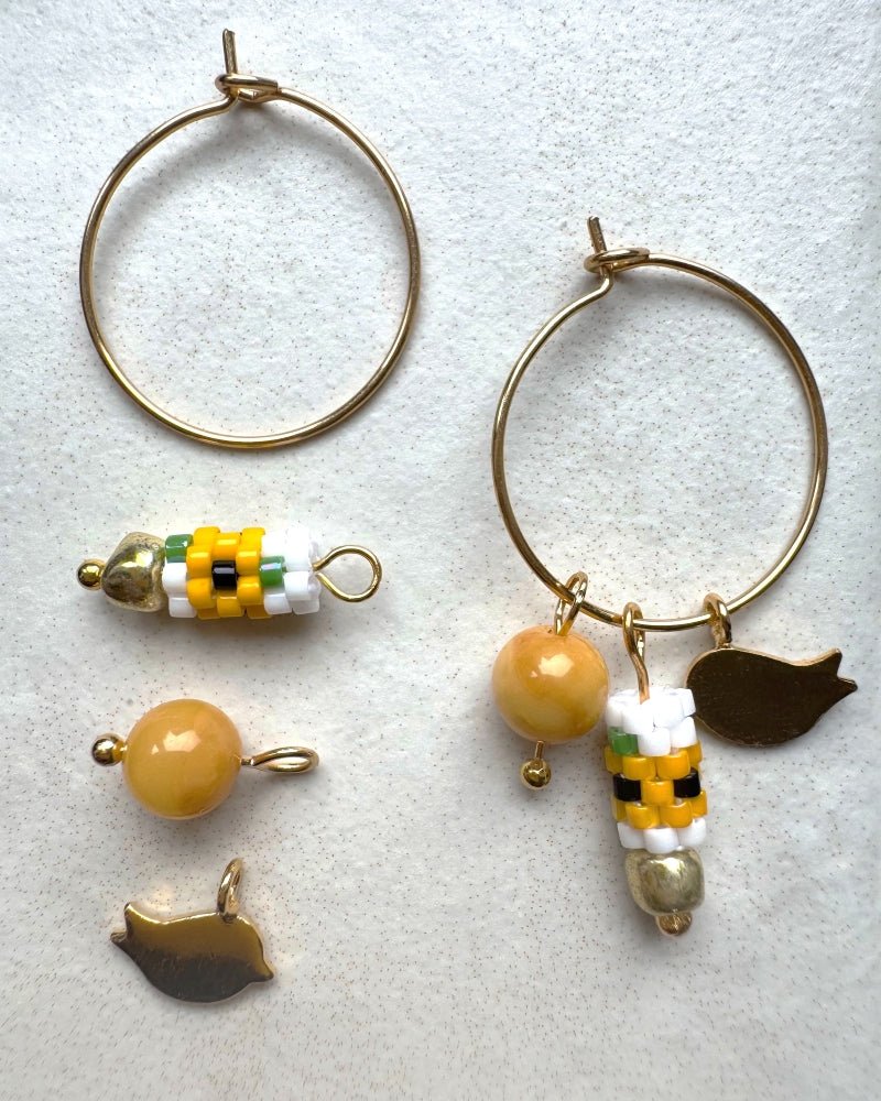 Customizable sunflower hoop earrings with 3 interchangeable charms -  beaded, bird, and stone - to create new look every day - Fleur Du Jour