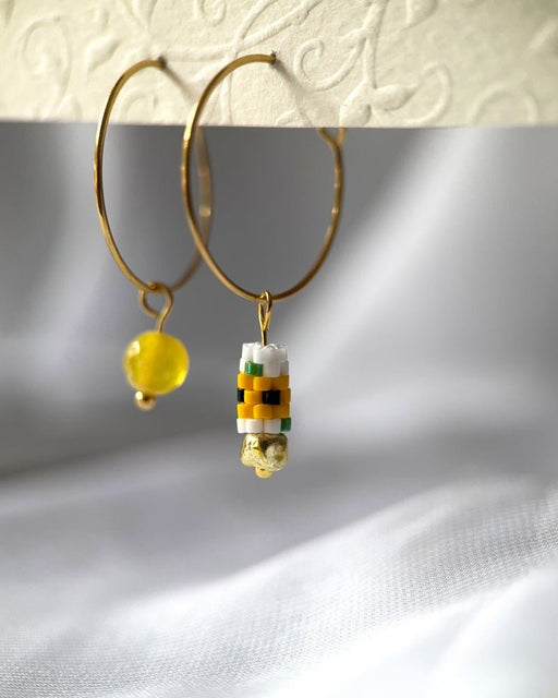 Customizable sunflower hoop earrings with 3 interchangeable charms -  beaded, bird, and stone - to create new look every day - Fleur Du Jour