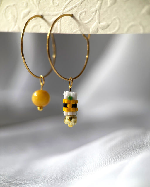 Customizable sunflower hoop earrings with 3 interchangeable charms -  beaded, bird, and stone - to create new look every day - Fleur Du Jour