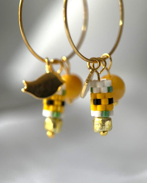 Customizable sunflower hoop earrings with 3 interchangeable charms -  beaded, bird, and stone - to create new look every day - Fleur Du Jour