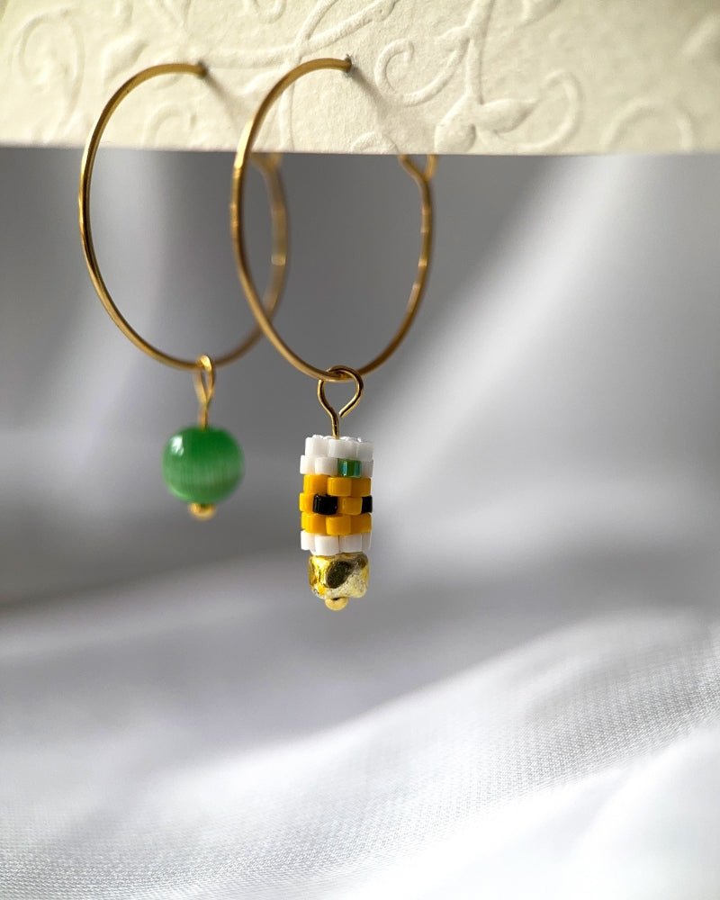 Customizable sunflower hoop earrings with 3 interchangeable charms -  beaded, bird, and stone - to create new look every day - Fleur Du Jour