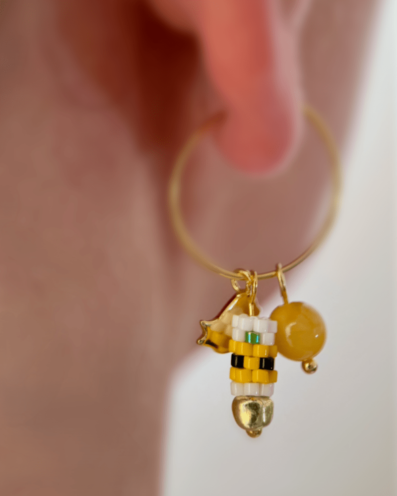 Customizable sunflower hoop earrings with 3 interchangeable charms -  beaded, bird, and stone - to create new look every day - Fleur Du Jour