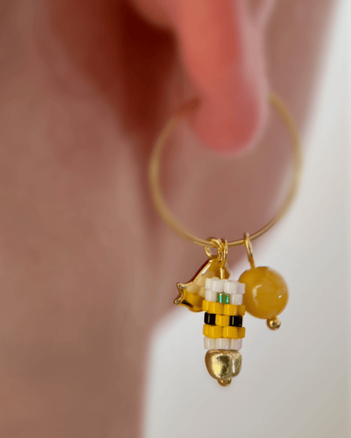 Customizable sunflower hoop earrings with 3 interchangeable charms -  beaded, bird, and stone - to create new look every day - Fleur Du Jour