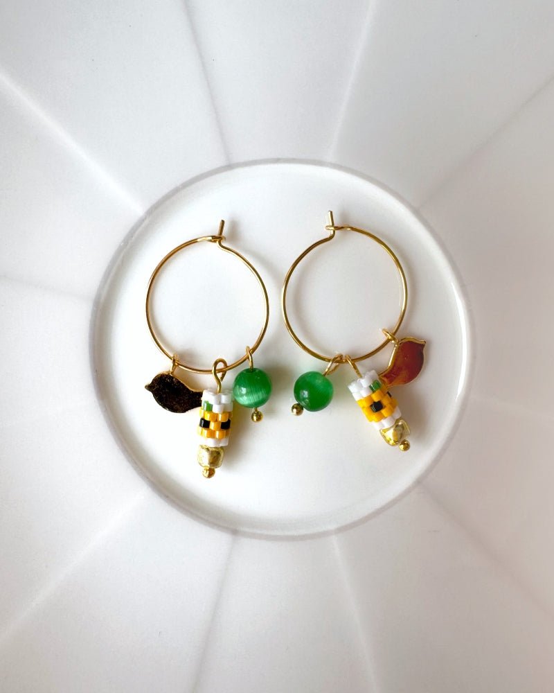 Customizable sunflower hoop earrings with 3 interchangeable charms -  beaded, bird, and stone - to create new look every day - Fleur Du Jour