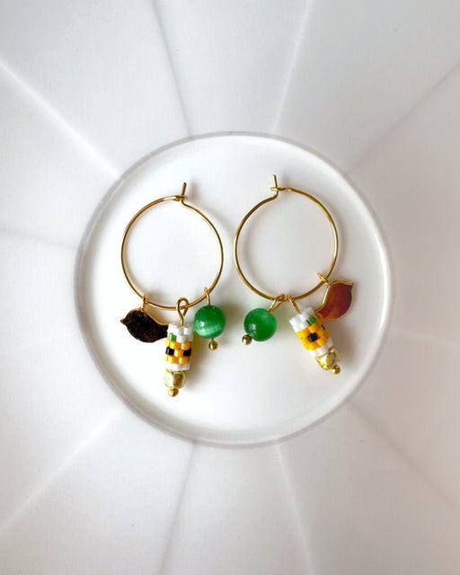 Customizable sunflower hoop earrings with 3 interchangeable charms -  beaded, bird, and stone - to create new look every day - Fleur Du Jour