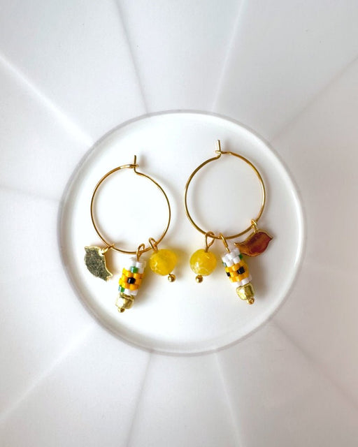 Customizable sunflower hoop earrings with 3 interchangeable charms -  beaded, bird, and stone - to create new look every day - Fleur Du Jour