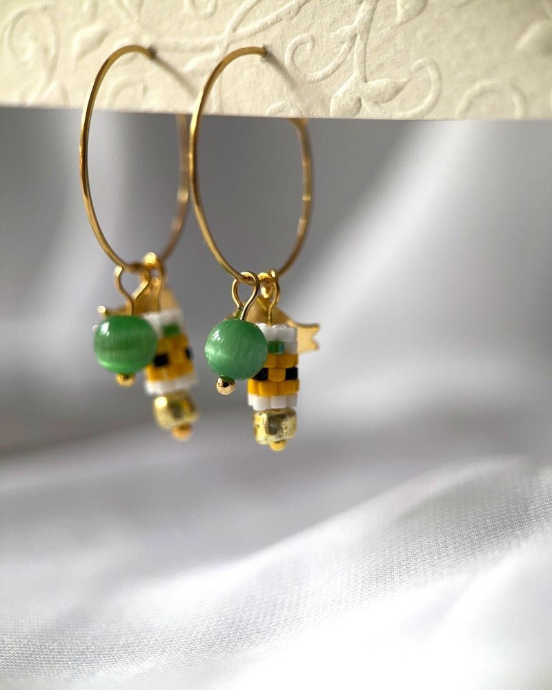 Customizable sunflower hoop earrings with 3 interchangeable charms -  beaded, bird, and stone - to create new look every day - Fleur Du Jour