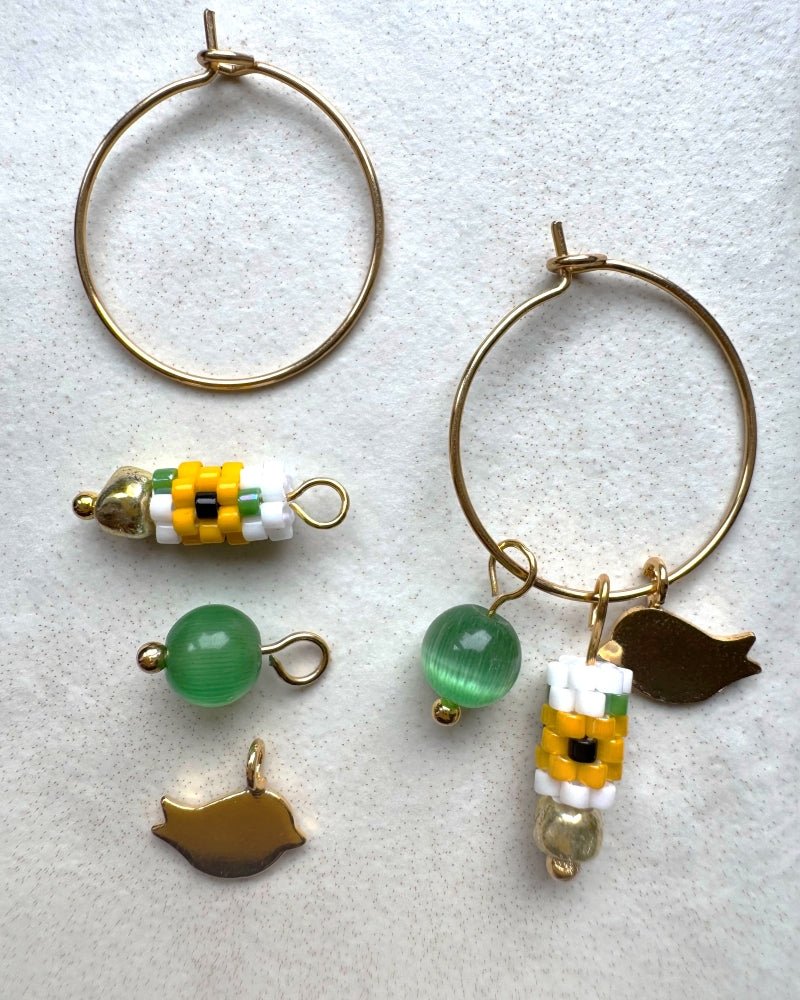 Customizable sunflower hoop earrings with 3 interchangeable charms -  beaded, bird, and stone - to create new look every day - Fleur Du Jour