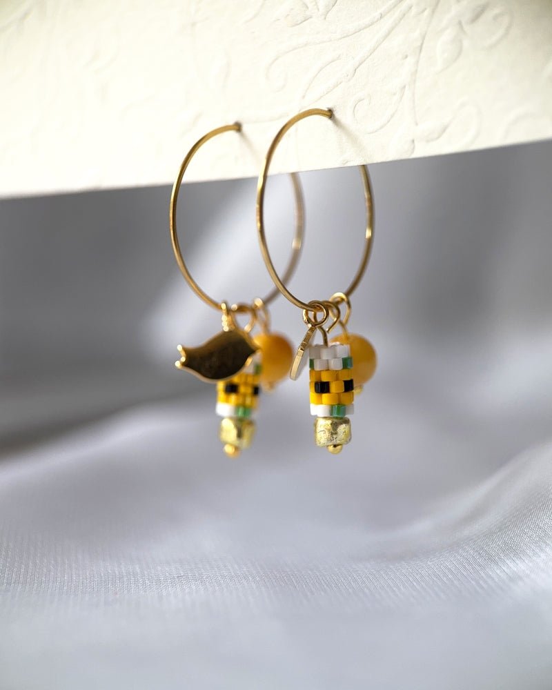 Customizable sunflower hoop earrings with 3 interchangeable charms -  beaded, bird, and stone - to create new look every day - Fleur Du Jour