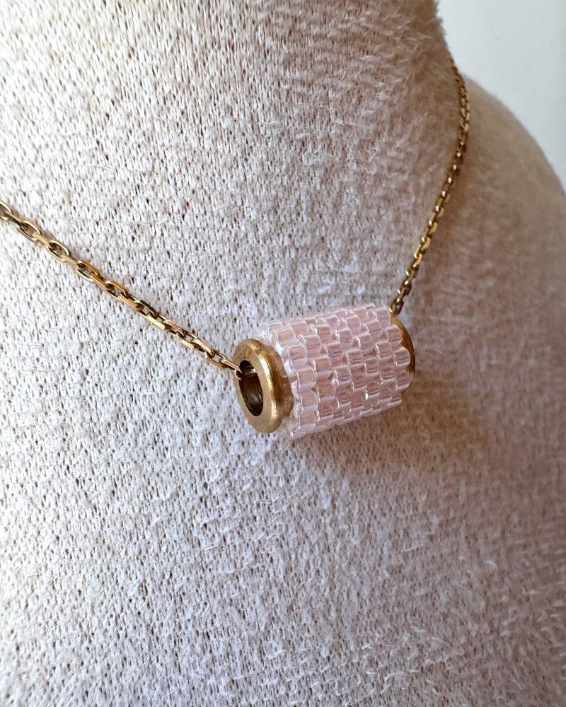 Necklace with three beaded charms crafted in peyote stitch technique using Japanese Miyuki Delica beads in pink palette with scarlet heart motif - Fleur Du Jour