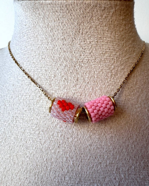 Necklace with three beaded charms crafted in peyote stitch technique using Japanese Miyuki Delica beads in pink palette with scarlet heart motif - Fleur Du Jour
