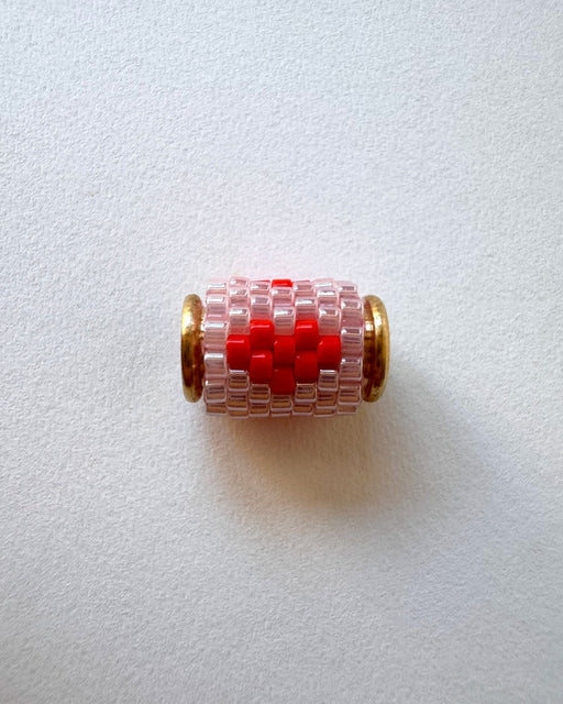 Single pale pink beaded pendant with scarlet heart motif crafted in peyote stitch technique from Japanese Miyuki Delica beads  - Fleur Du Jour